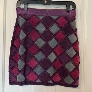 Vintage Lined Leather Crochet Patchwork Skirt in Purple, Pink, GrayGreen, 6
